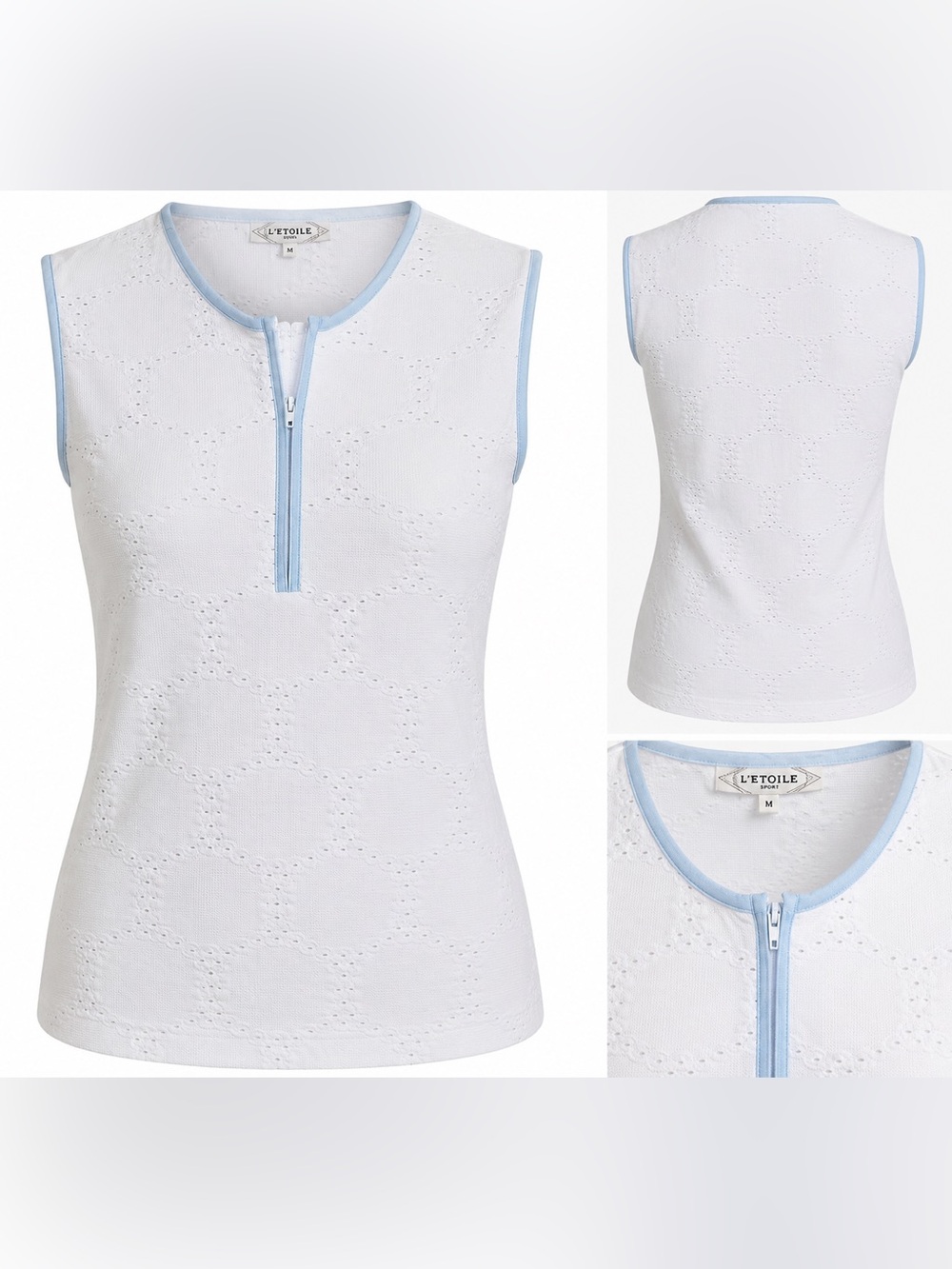 L’Etoile Sport White Eyelet Sleeveless Quarter Zip Top Size M